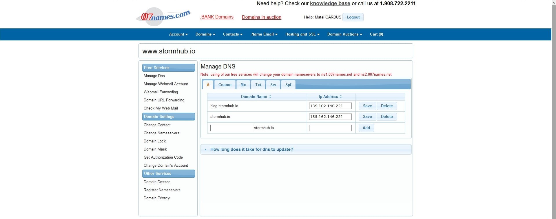 The “Manage DNS” menu. /images/007names-dns-menu.jpg