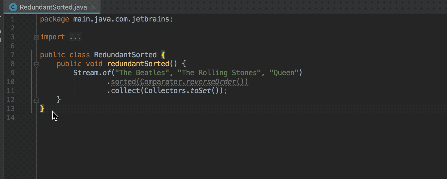 An example of the linter in IntelliJ Java IDE. /images/JavaStreamRedundantSorted.gif